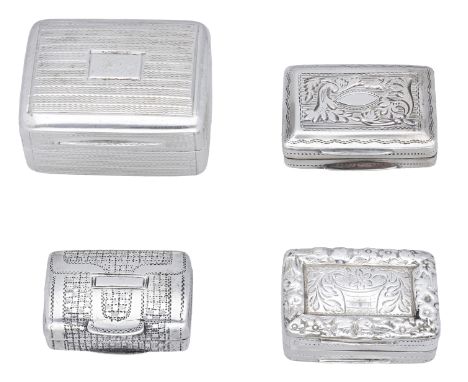 Four Georgian silver vinaigrettes, of rectangular form, the first with engine-turned decoration possibly by John Troby, Londo