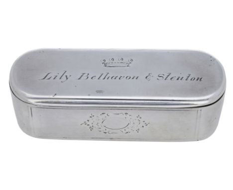 A French 19th century silver snuff box, of plain rectangular form with rounded corners, the lid engraved ‘Lily Belhavon & Ste