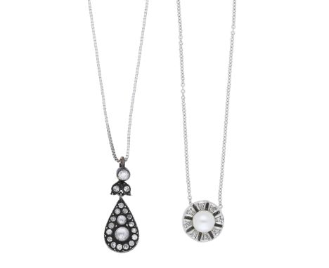 A rose-cut diamond pendant and cultured pearl and diamond pendant, the pear-shaped pendant converted from another jewel and s