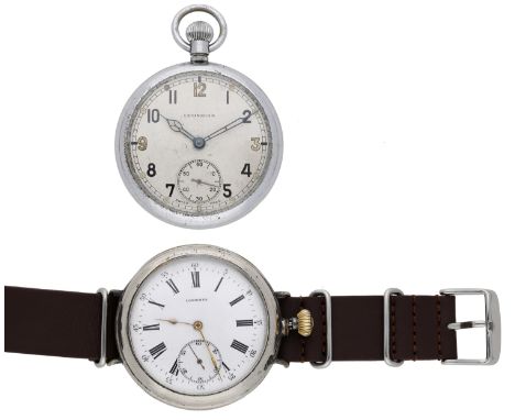 Leonidas & Longines. A steel military keyless watch together with a silver keyless watch converted to a wristwatch, circa 194