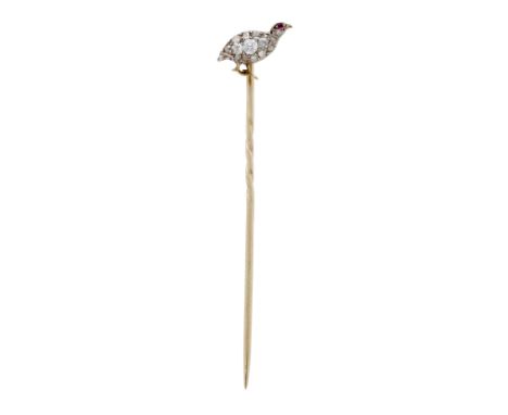 An early 20th century diamond grouse stickpin, circa 1900, realistically modelled and set throughout with vari-cut diamonds, 