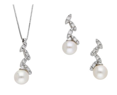A cultured pearl and diamond necklace and earring suite, the foliate drops each set throughout with brilliant-cut diamonds an