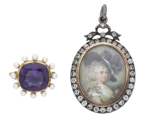 A 19th century amethyst and seed pearl brooch and a glazed portrait miniature, the first comprising a cushion-shaped amethyst