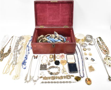 A collection of vintage costume jewellery to include a cloisonne beaded necklace, Victorian mourning brooch with woven hair p