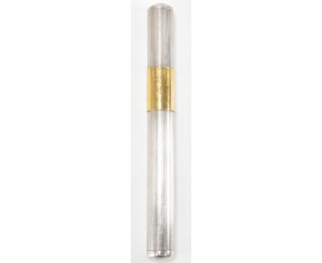 A vintage silver hallmarked cigar tube case having an engraved tubular body with a gold plated collar engraved with initials.