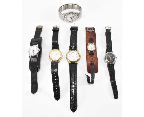 A vintage Baume white metal wristwatch on leather strap together with a vintage black face Timex wrist watch, white faced Tim