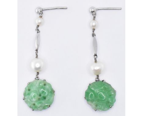 A pair of vintage 9ct white gold jade and pearl drop earrings. The earrings having stud fastenings with two threaded cultured