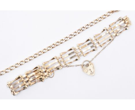 Two 9ct gold bracelets to include a hallmarked gate link bracelet with a heart pad lock clasp. The other having a flat link c