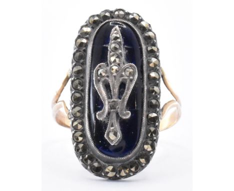 An early French 19th Century enamel 18ct gold and silver ring. The ring having a blue enamel head with blue&nbsp; marcasite s