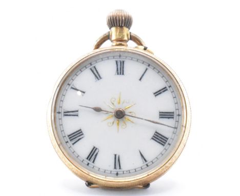 An early 20th Century 18ct gold pocket fob watch having a round face with a white enamelled face with roman numerals to the c