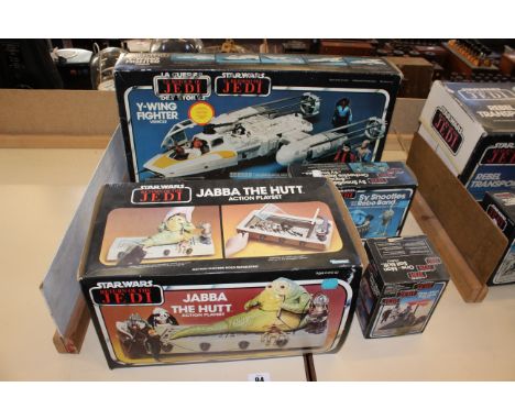 Four boxed Return of the Jedi sets; Y-Wing Fighter with instruction sheet, Jabba the Hutt action playset , Sy Snootles and th