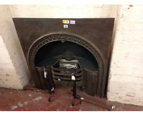 A Victorian iron hobgrate and surround, mid 19th century, with recessed three rail basket flanked to each side by a platform,