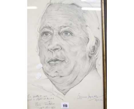 A pencil portrait of Sir Edward Heath signed, 'This portrait was signed in flight' In concord by Brian Trubshaw and Sir Edwar