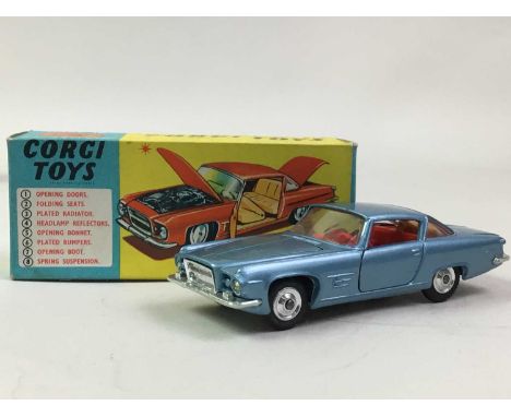 CORGI TOYS, NO. 241 GHIA .6.4 (WITH CHRYSLER ENGINE) metallic light blue with red interior and internal dog, boxedRear windsc