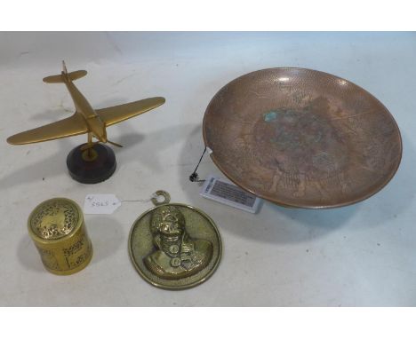 A 20th century copper and bass tazza engrave decorated with middle eastern scene, together with a brass desk top model of a p