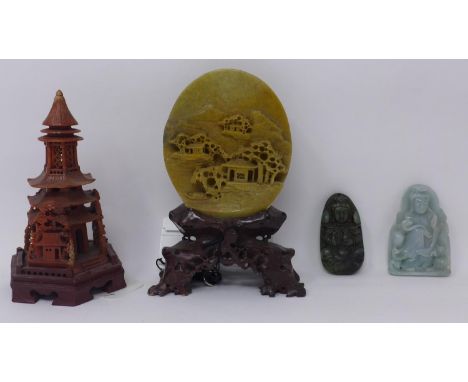 A collection of Chinese items to include 2 jade carvings and 2 soapstone carvings 