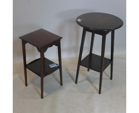 An oak two tier lamp table, with circular top raised on splayed legs, H.71cm Diameter 43cm, together with an inlaid mahogany 