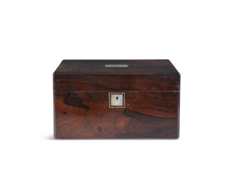 A VICTORIAN ROSEWOOD AND MOTHER-OF-PEARL INLAID TRAVELLING VANITY CASE,  with a crimson leather lined interior fitted with ja