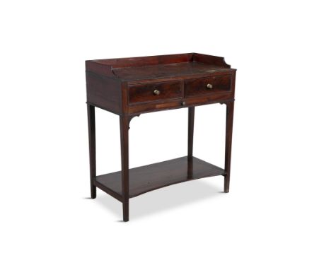 A GEORGE III MAHOGANY WASHSTAND,   with three-quarter gallery, above twin frieze drawers and pull-out basin holder, on square