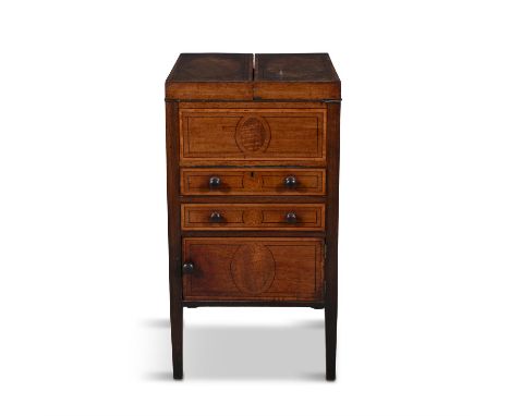 A GEORGE III INLAID MAHOGANY WASH STAND, C.1790,   the fold-out top revealing a basin, the front inlaid with a shell above dr