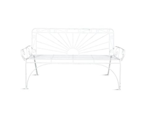 A WHITE PAINTED WIREWORK GARDEN BENCH,  the rectangular sun-burst open back with scroll border and armrests, above strapwork 