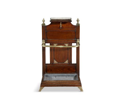 A LATE VICTORIAN OAK AND BRASS MOUNTED HALL STAND, ATTRIBUTED TO JAMES SHOOLBRED,  with brass galleried top shelf, inset meta