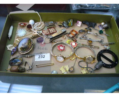 A Tray of assorted jewellery , landscape and portrait brooches, white metal and gold coloured bar brooches, gold coloured fob