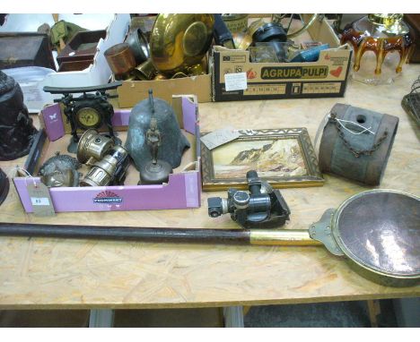A Commemorative brass and copper warming pan dated 1797, a vintage carbide bike lamp, an Eastern bell, a small oak barrel, sc