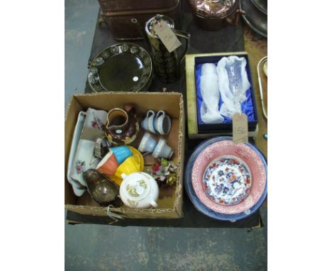 A Portmeirrion " Totem " coffee pot and dinner plates, a Doulton lambeth silver rimmed stoneware jug, Shelley cups and saucer