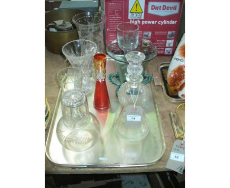 A Fern etched celery vase, a thistle shaped decanter, an etched water decanter and beaker, commemorative glass goblet., etc. 