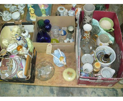 3 Boxes of decorative ceramics including a Minton Haddon Hall mantel clock, decorative plates and ornaments, glass dressing t