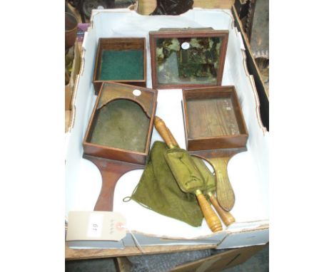 An Early 20th century mahogany chapel collection box , two pine examples and a pair of lined collection bags each with 2 turn