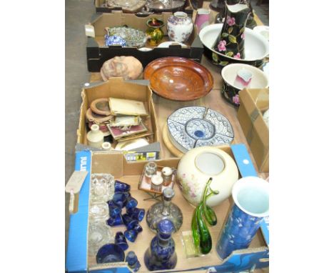 3 Boxes of sundry ceramics including a Masons octagonal vase, studio pottery jug, a Chinese footed dish , a glazed stoneware 