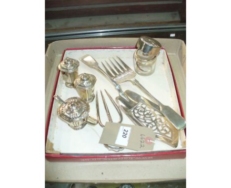 A Pair of silver fish servers, Sheffield 1880 ( 8.1 ozs ) , a 3 piece silver plated cruet , a silver topped glass jar and a f