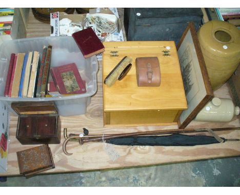 A Box of books including vintage children's annuals " The Annual World 1912 " and 1913, cased brush set, mahogany tea caddy ,