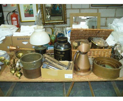A Pair of brass 2 branch wall light fittings, copper horns, brass oil lamp, a 2 handled stoneware pot, assorted tools, cobble
