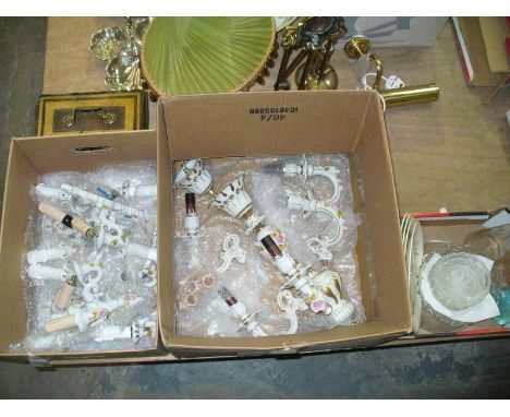A Collection of Italian ceramic flower encrusted 2 branch wall light fittings , a 5 branch ceiling light fitting, glass decan
