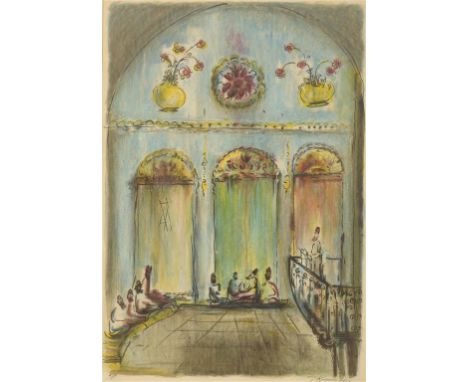 Yosef Kossonogi (Israeli, 1908-1981) - five works, comprising g - "Pianist and strings at wedding!
Mixed media, signed, bears