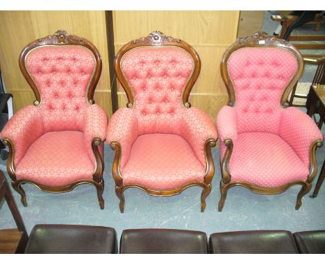 3 Victorian style button back drawing room chairs.
