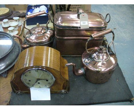 2 Victorian copper kettles , a copper water urn, copper planter, mantel clock,etc.