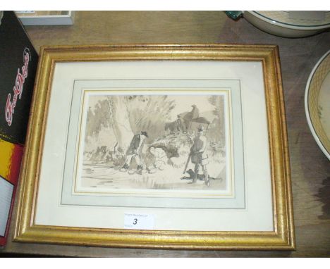 Attributed to W. Savage Cooper, 'Rabbiting' 
The monochrome sketch depicting figures hunting rabbits, unsigned, framed, 13x19