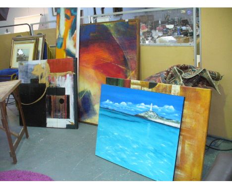 5 Modern wall canvas paintings including a seascape.