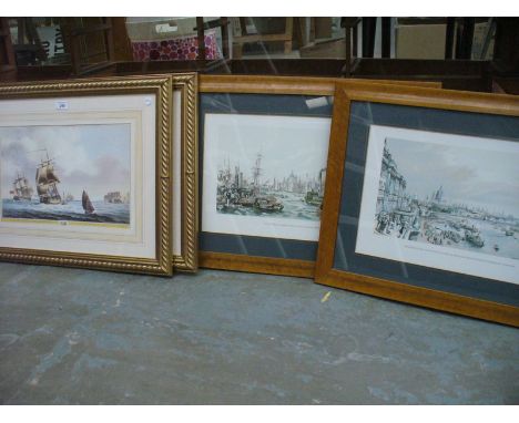 A Coloured print " Frigate with a view of the Needles" and a companion within gilt rope effect frames and 2 other prints. (4)