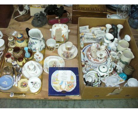 2 Trays of decorative ceramics including a Losol Ware jug, various trinket dishes, Peter Rabbit plate, commemorative and cres