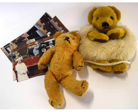 Vintage Merrythought teddy purse together with a collection of Royal photographs depicting a similar bear and one further bea