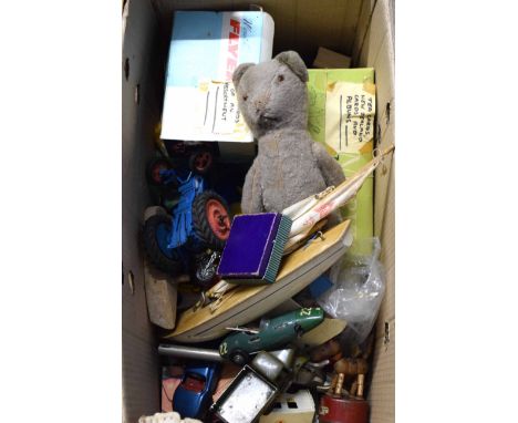 Box containing mixed lot of various vintage toys including vehicles, playing cards, model yacht and accessories