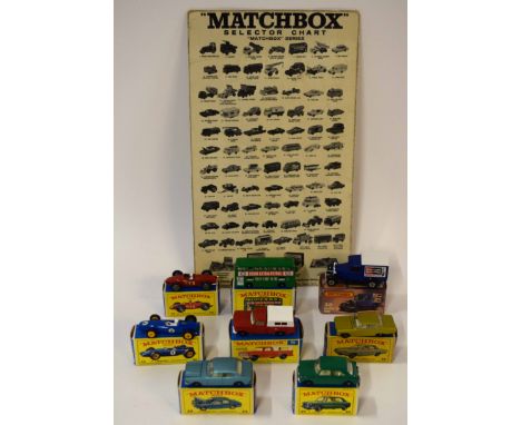 Group of eight vintage Matchbox series toy vehicles in original boxes, together with a Matchbox series selector chart 