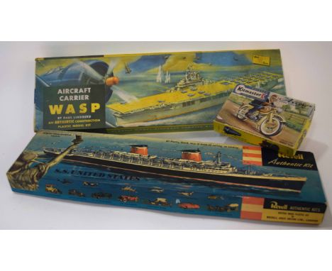 Three boxed vintage model kits to include SS United States by Revel and aircraft carrier Wasp