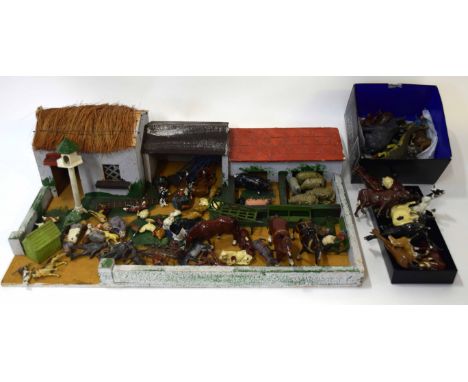 Vintage wooden scratch built model of a farm together with a large quantity of lead figures including exotic animals, mainly 