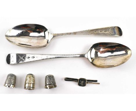 Two George III Silver table spoons. Hallmarked year 1781 Exeter. Sponsors mark for Joseph Hicks. Together with three hallmark
